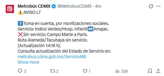 Actualización MB 24 de septiembre Foto: x.com/@MetrobusCDMX