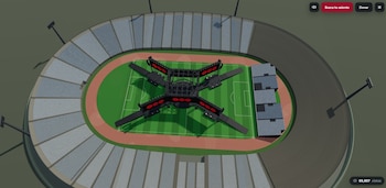 Vista aérea digital de un estadio con una estructura de escenario en forma de cruz al centro de la cancha y gradas alrededor