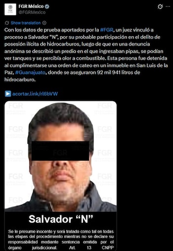 El imputado permanecerá en el CERESO Puentecillas bajo prisión preventiva mientras la FGR desarrolla la investigación complementaria. (X @FGRMexico)