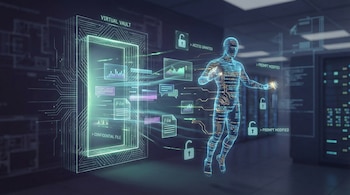 Una figura humanoide translúcida de IA interactúa con una bóveda virtual abierta que emite datos, archivos y gráficos. Iconos de candado abierto y texto "PROMPT MODIFIED" flotan.
