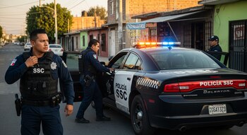 Tres policías uniformados de la SSC CDMX junto a una patrulla con luces de emergencia encendidas en una calle residencial. Un oficial en primer plano ajusta su radio.