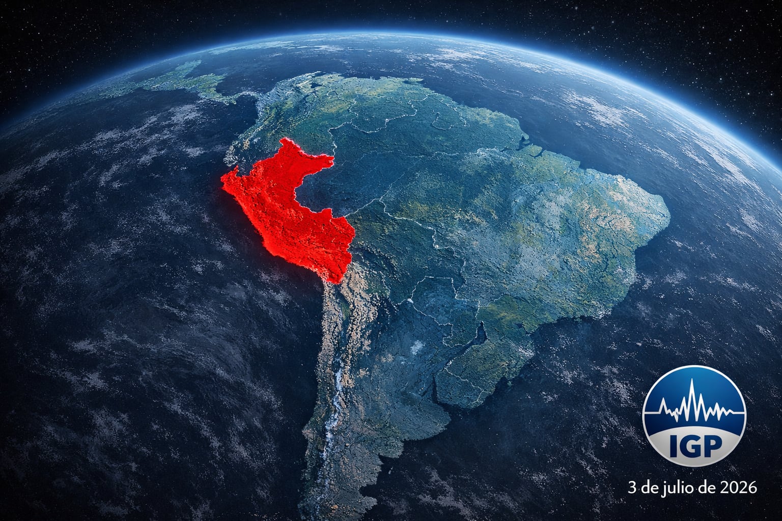 Una imagen satelital editorial de Sudamérica muestra a Perú resaltado en rojo intenso junto al logo del IGP y la fecha 3 de julio de 2026. (Imagen Ilustrativa Infobae)