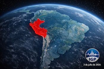 Fotografía satelital de Sudamérica; Perú está resaltado en rojo. Hay un logo del IGP con ondas sísmicas y la fecha 3 de julio de 2026.