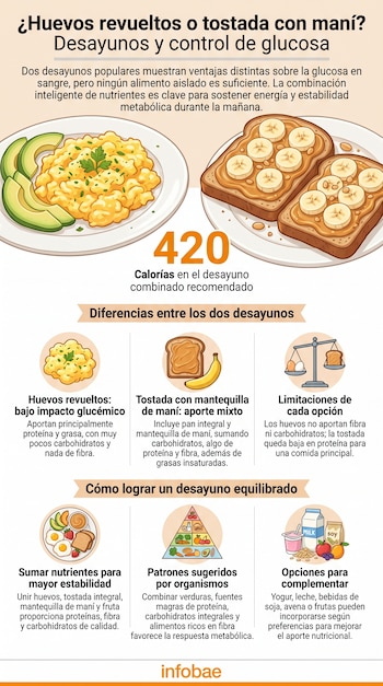 Infografía con huevos revueltos, aguacate, tostadas con mantequilla de maní y plátano, una pirámide alimenticia y productos lácteos.