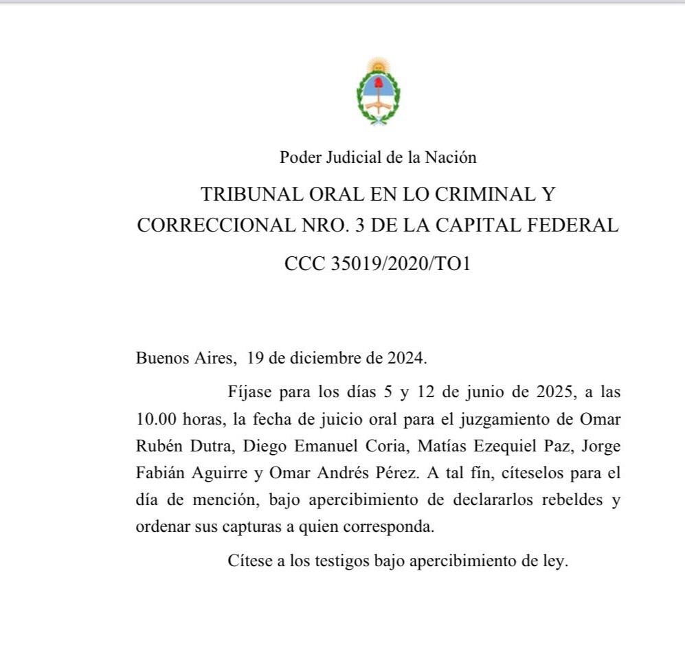 La resolución judicial que fijó la fecha del juicio contra Omar Pérez y otros dirigentes de Camioneros por un bloqueo