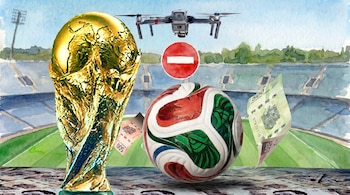 Una ilustración de acuarela con el trofeo de la Copa Mundial, un balón, billetes de 500 y 200 pesos, un dron, una señal de prohibición, y un estadio al fondo.