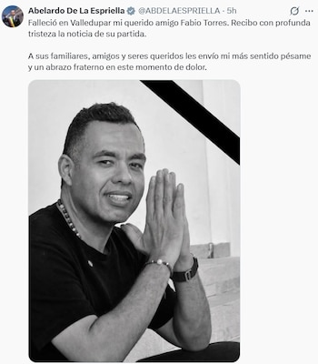 Abelardo de la Espriella lamentó públicamente el fallecimiento de Fabio Torres y envió un mensaje de condolencias a sus familiares. - crédito @ABDELAESPRIELLA/X