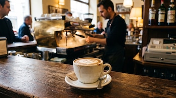 Una taza blanca de capuchino con arte latte sobre la barra de madera de una cafetería, con un barista y una máquina de espresso al fondo.