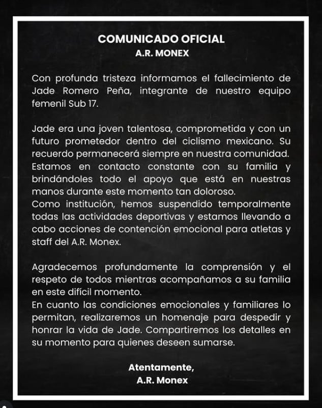 El A.R. Monex confirmó la muerte de su ciclista Sub-17 y suspendió actividades en señal de duelo.