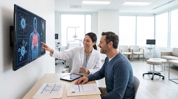 Una doctora y un paciente sentados frente a una pantalla muestran imágenes del sistema inmunológico, virus, y documentos médicos en una mesa.