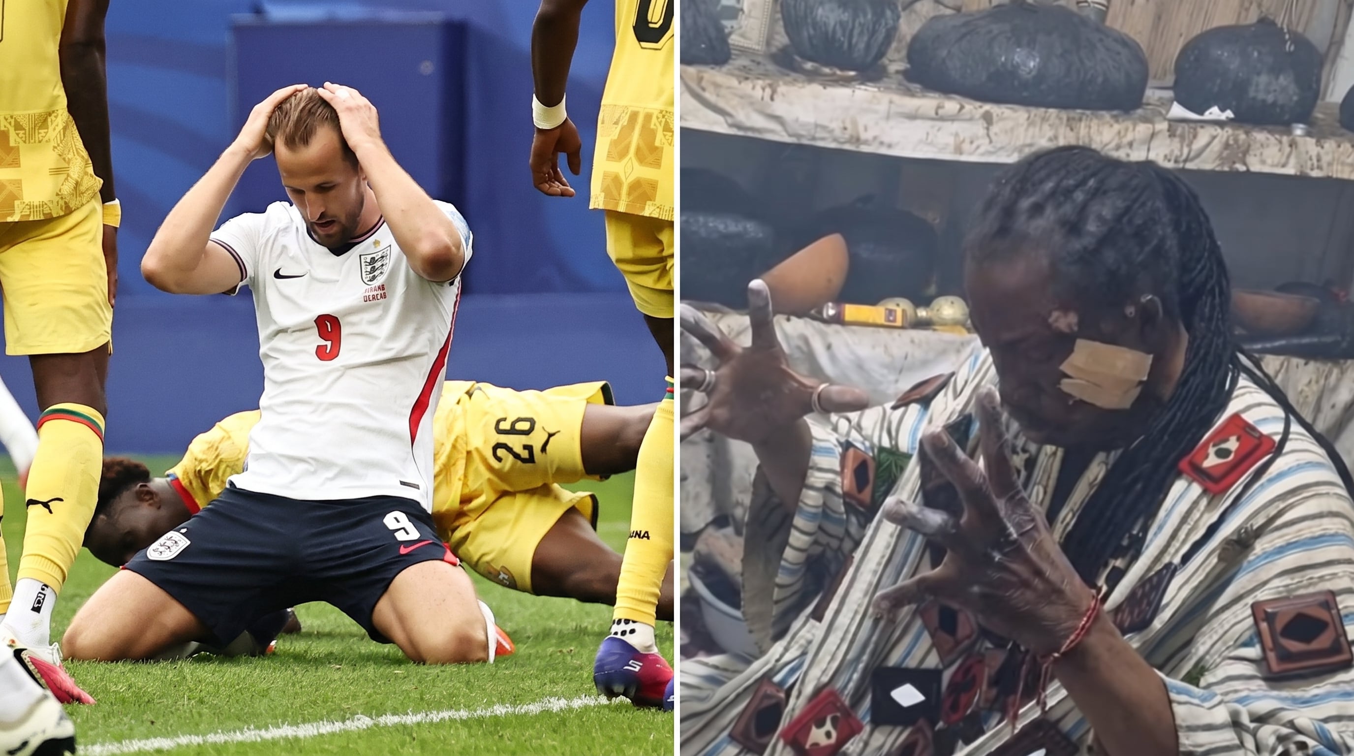 El futbolista Harry Kane lamenta una jugada durante un partido mientras, en una escena separada, una persona realiza un ritual con gestos enérgicos y elementos ceremoniales. (Imagen Ilustrativa Infobae)