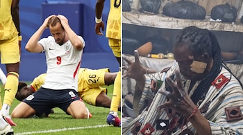 Imagen partida. Izquierda: Harry Kane arrodillado en césped, manos en cabeza, con futbolistas. Derecha: Persona con rastas, en pose ritual con objetos detrás.