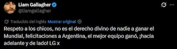 La felicitación de Liam Gallagher a la selección argentina por su triunfo sobre Inglaterra en el Mundial 2026