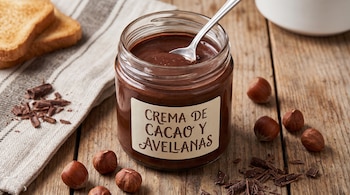 Un frasco de vidrio con crema de cacao y avellanas y una cuchara metálica, con avellanas, trozos de chocolate, tostadas y un paño sobre madera.