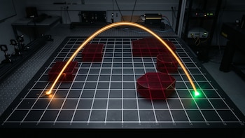 Un arco de luz anaranjada cruza sobre una tabla cuadriculada con figuras geométricas rojas desde un origen brillante a un punto final verde