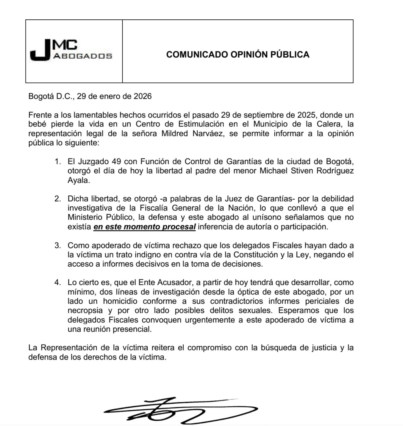 Comunicado emitido por la firma JMC Abogados en el que se informa la decisión judicial que dejó en libertad al padre del bebé fallecido en un jardín infantil de La Calera- crédito JMC Abogados