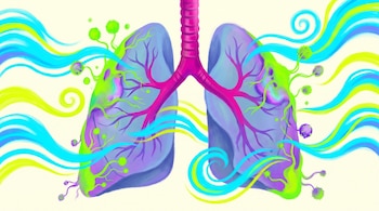 Dos pulmones estilizados y una tráquea fucsia. Manchas de moho verde flúor y morado en los pulmones. Ondas azules y amarillas rodean la imagen. Fondo claro.