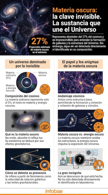 Infografía con gráficos circulares, ilustraciones de galaxias y textos explicativos sobre la composición y detección de la materia oscura.