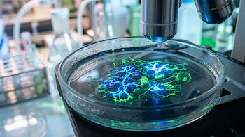 Una placa de Petri de vidrio con una sustancia luminosa verde y azul se ubica bajo la lente de un microscopio en un laboratorio