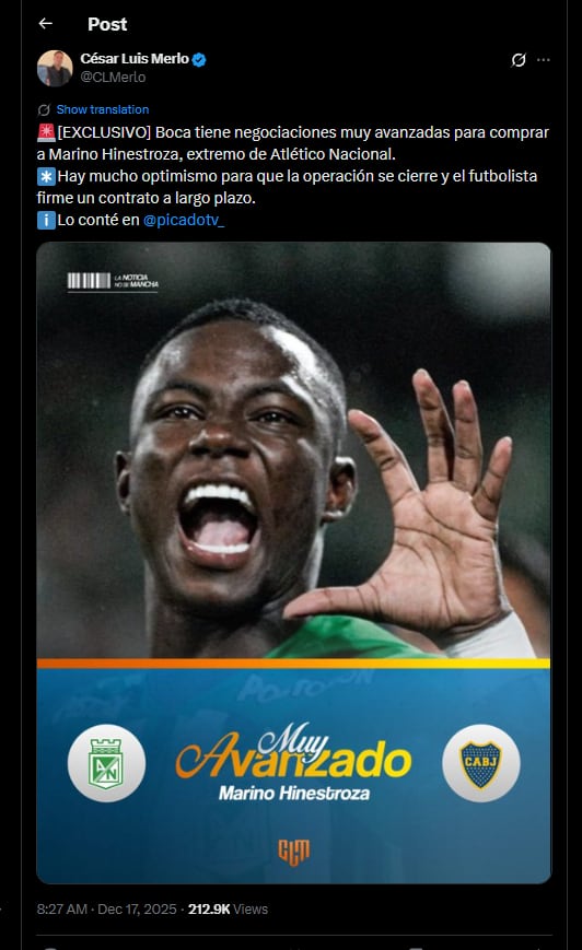 El atacante del Verdolaga jugaría la final de Copa Colombia, y partiría hacia el fútbol argentino - crédito @CLMerlo / X