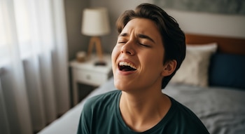 Una persona joven con cabello oscuro, camiseta verde, ojos cerrados y boca abierta. Se observa una cama, una mesa de noche con una lámpara y cortinas blancas.
