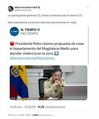 La senadora María Fernanda Cabal calificó de “espectáculo” la propuesta del presidente Petro sobre la creación del departamento del Magdalena Medio - crédito @MariaFdaCabal/X