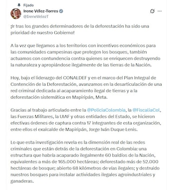Irene Vélez, ministra encargada de Ambiente, reveló que capturaron a 17 personas señaladas de integrar una red dedicada a la deforestación en el Meta - crédito @IreneVelezT/X