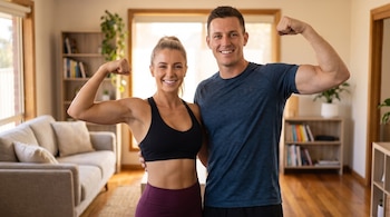 Hombre y mujer sonrientes, con ropa deportiva, flexionan sus bíceps en un salón con sofá claro, ventana, y estanterías con libros.