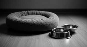 Imagen monocromática de una cama redonda para mascota vacía y dos cuencos de metal para comida y agua sobre un suelo de madera claro.