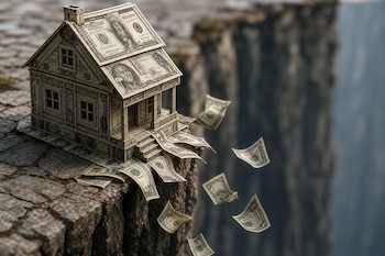 Maqueta de una casa hecha con billetes de dólares al borde de un acantilado de piedra con billetes sueltos flotando en el aire.