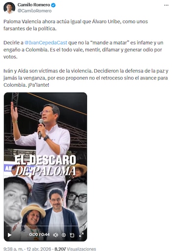 Camilo Romero acusó a Paloma Valencia y Álvaro Uribe Vélez de “farsantes” de cara a las elecciones presidenciales - crédito @CamiloRomero/X