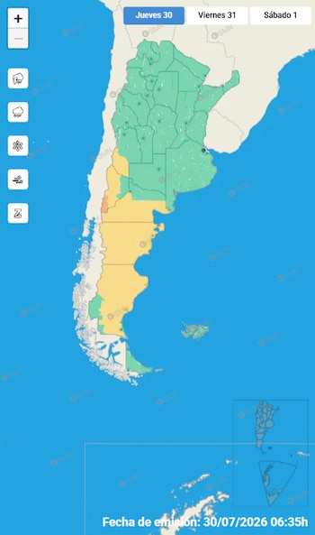 Mapa de Argentina con provincias coloreadas, controles de zoom, íconos de lluvia, nieve, viento y rayos, pestañas de fecha, y fecha de emisión