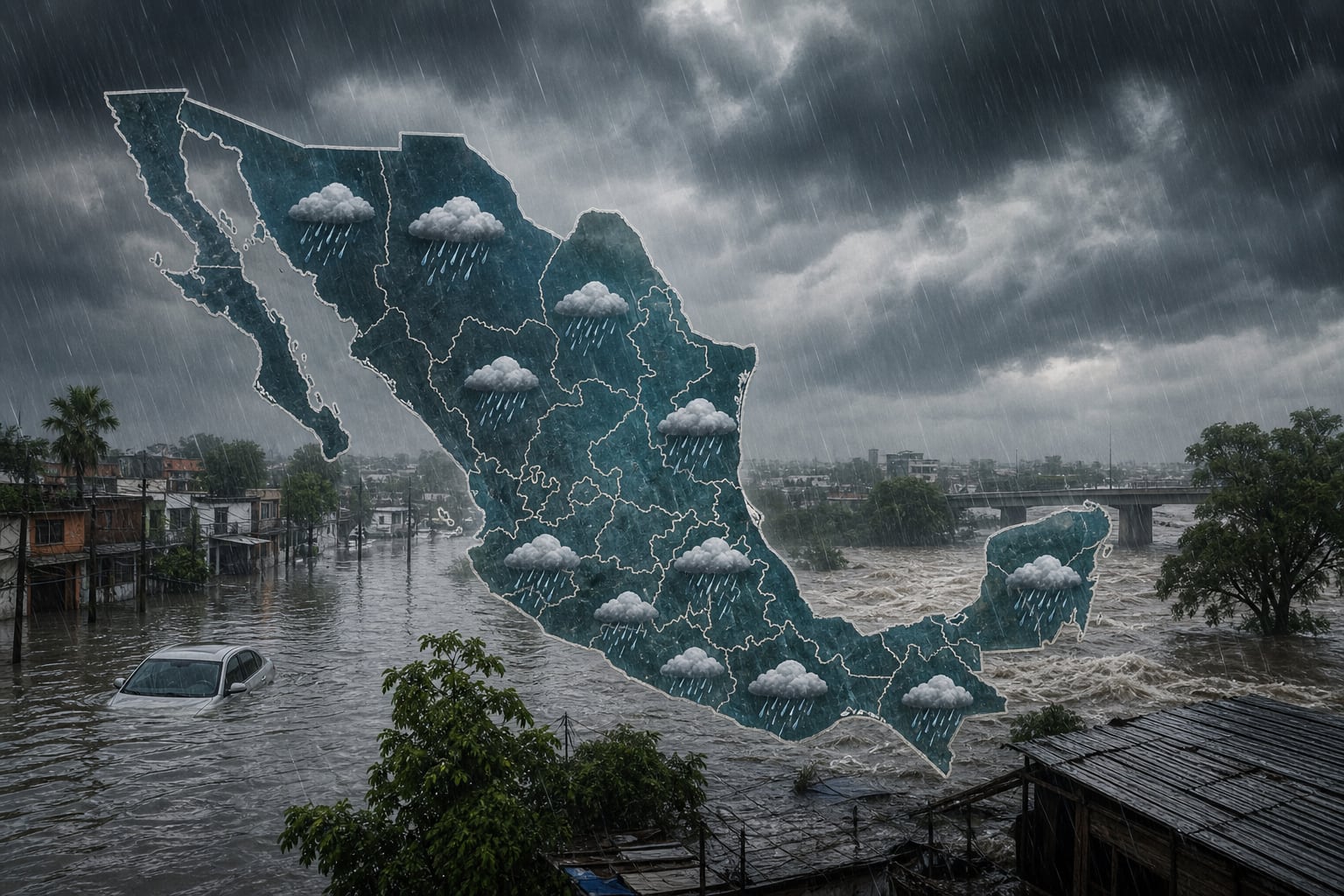 Un mapa de México con íconos de lluvia ilustra el pronóstico de precipitaciones e inundaciones en el país durante la última semana de agosto. (Imagen Ilustrativa Infobae)