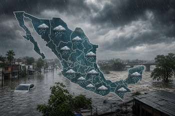 Mapa de México con íconos de nubes lluviosas sobrepuesto en una calle inundada con un automóvil sumergido bajo el cielo gris.