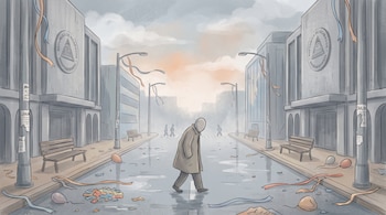 Ilustración de una persona sin rostro caminando por una avenida con edificios, escudos de Nicaragua, guirnaldas rotas, globos y carteles de 'julio'.