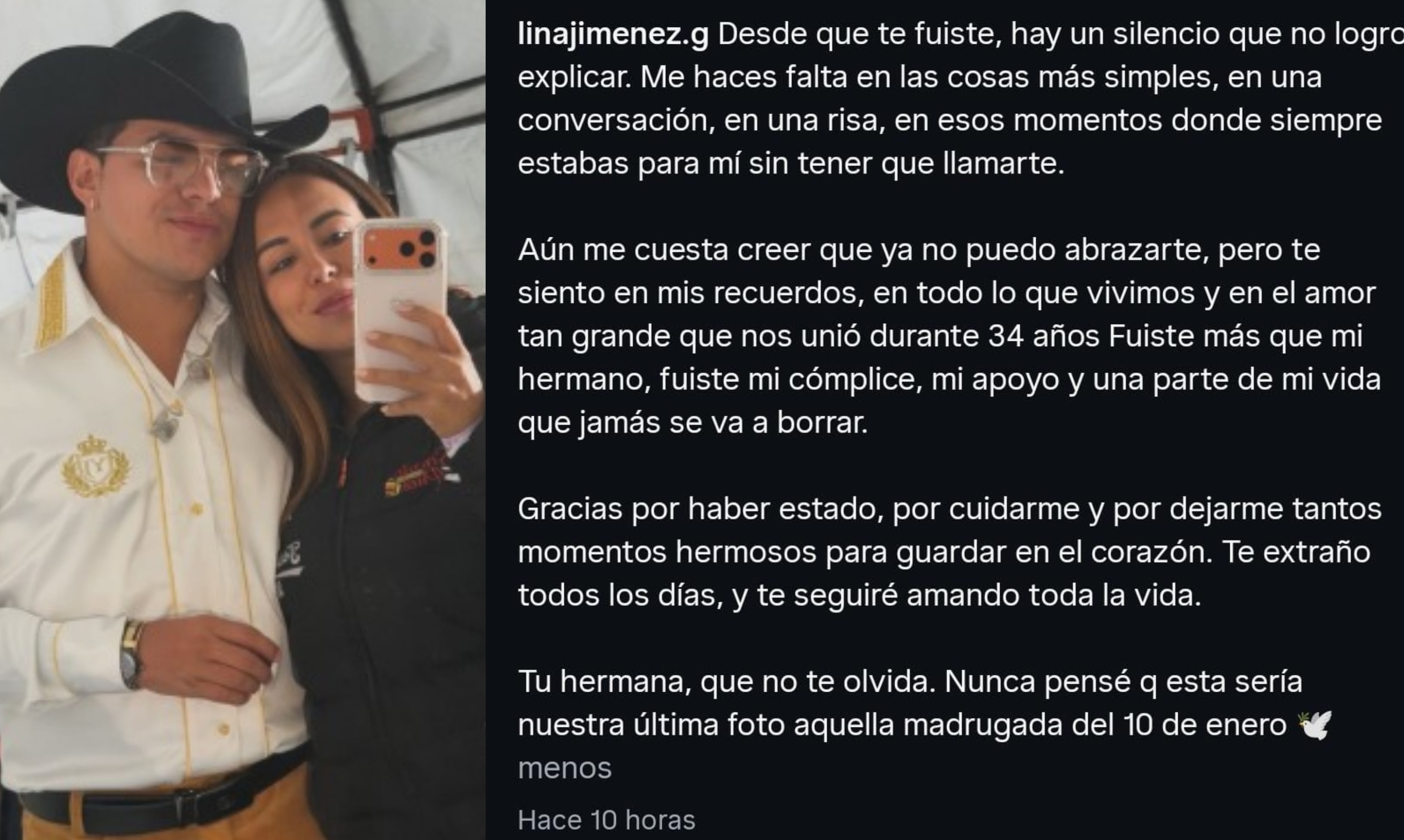 Lina Jiménez, hermana del artista, compartió emotivas palabras y la última foto junto a Yeison Jiménez en redes sociales, mostrando el profundo duelo familiar - crédito linajimenez.g / Instagram
