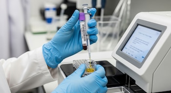 Manos enguantadas de azul con bata blanca sostienen un tubo de sangre con jeringa y transfieren líquido a un contenedor junto a un equipo de laboratorio.