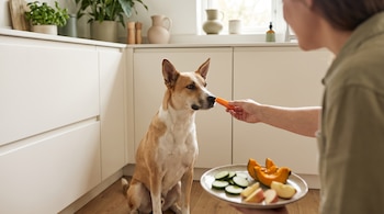 Perro mestizo de pelaje marrón claro y blanco sentado en el suelo. Una mano ofrece una zanahoria al perro. Un plato contiene rodajas de pepino, trozos de calabaza y manzana.