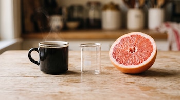 Taza de café oscuro humeante, vaso de precipitación de vidrio, medio pomelo rosado cortado, y mesa de madera clara.