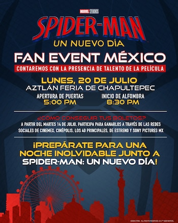 Cartel promocional de Spider-Man: Un Nuevo Día. Incluye el logo de Marvel Studios, detalles del 'Fan Event México', fecha, lugar, horarios y siluetas de edificios