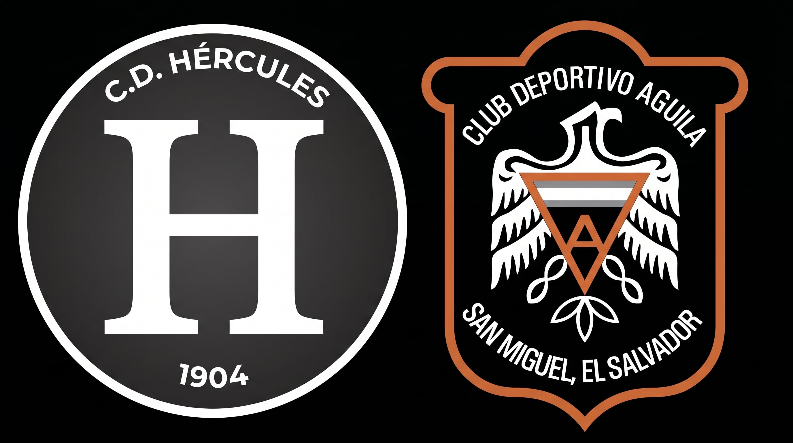 Los distintivos del Club Deportivo Hércules de 1904 y el Club Deportivo Águila de San Miguel, El Salvador, se presentan unidos sobre un fondo negro, simbolizando su legado futbolístico. (Imagen Ilustrativa Infobae)