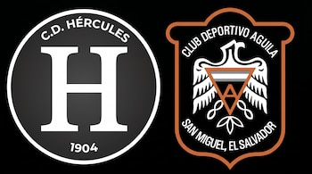 Una imagen muestra el escudo circular del C.D. Hércules a la izquierda y el escudo con forma de escudo del Club Deportivo Águila a la derecha, ambos sobre un fondo negro.