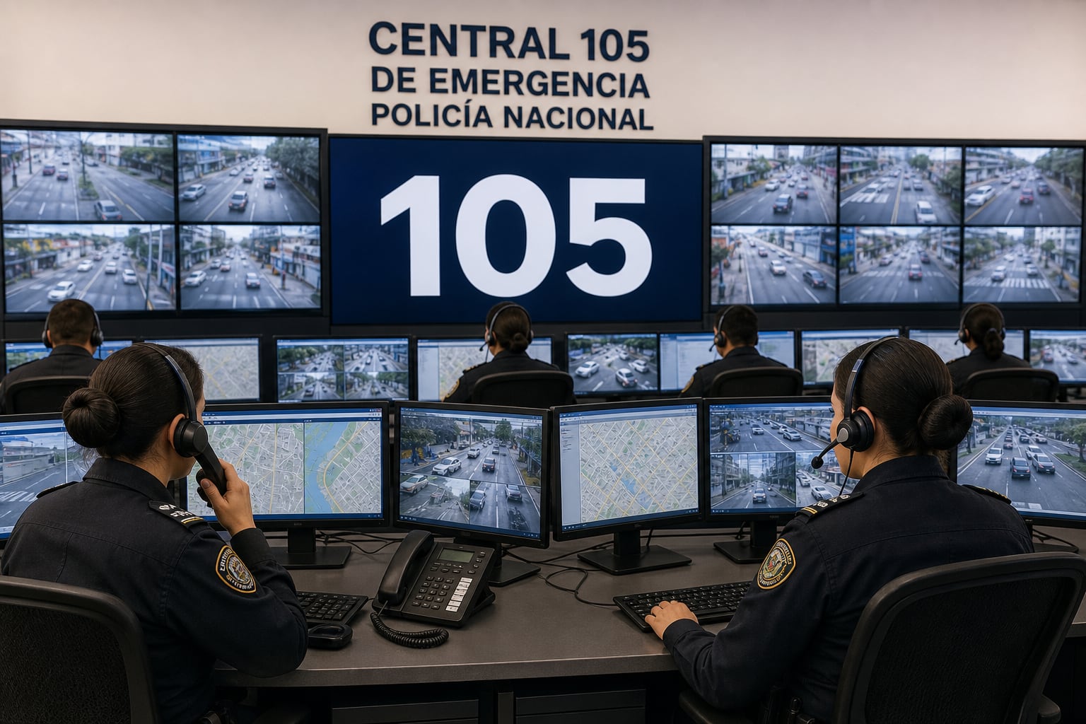 Varios agentes de la Policía Nacional atienden llamadas telefónicas y vigilan cámaras de seguridad en tiempo real desde la Central 105 de Emergencia. (Imagen Ilustrativa Infobae)