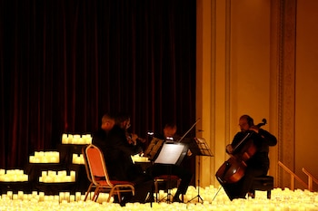 The "Aenaon" String Quartet, consisting of Vasilis Soukas, Christoforos Karathanasis, Antilohos Tranos and Asterios Pouftis, performs the soundtrack of the Netflix series Bridgerton during a candlelight concert, in Athens, Greece, January 3, 2025. REUTERS/Louiza Vradi