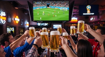 Múltiples manos levantando jarras de cerveza con espuma en un bar oscuro, con una pantalla grande mostrando un partido de fútbol y el logo del Mundial.