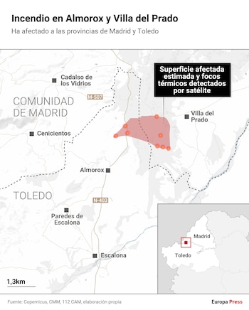 Mapa con extensión del incendio entre Almorox y Villa del Prado. (Europa Press)