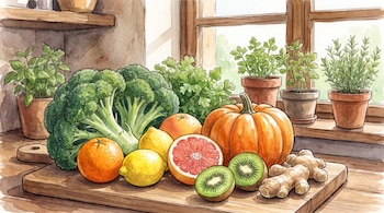 Una ilustración en acuarela muestra brócoli, naranjas, limones, pomelo, calabaza, kiwis, jengibre y plantas de hierbas en macetas.