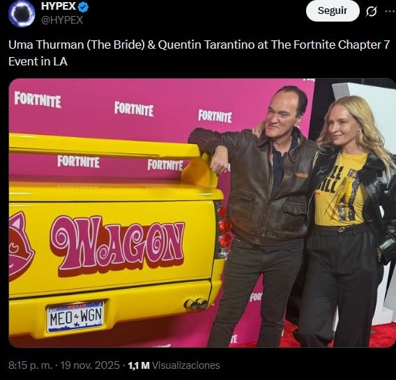 Uma Thurman y Quentin Tarantino en el evento de lanzamiento de Chapter 7 en Fortnite (Captura: X)