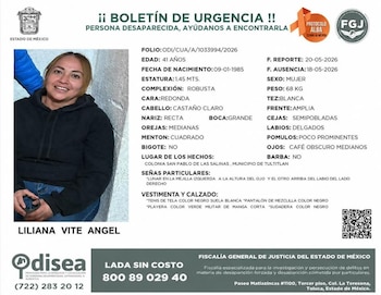 La Fiscalía mexiquense mantiene activa la ficha de búsqueda de Liliana Vite Ángel y pidió apoyo ciudadano para aportar cualquier dato que permita su localización. (Fiscalía General de Justicia del Estado de México)