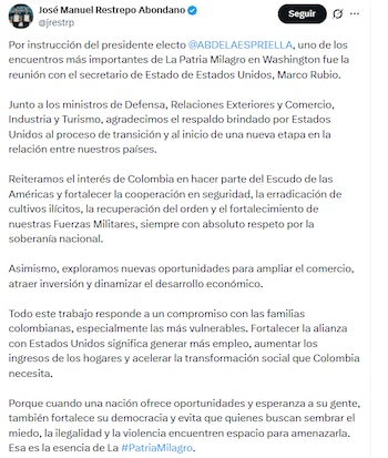El vicepresidente electo afirmó que la delegación planteó como prioridad la incorporación de Colombia al Escudo de las Américas - crédito @jrestrp/X